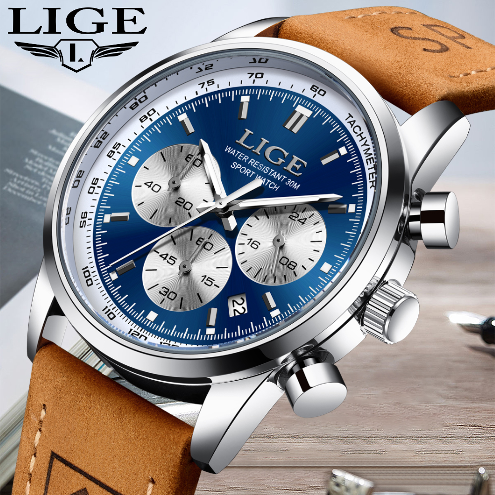 LIGE Luxury Mens Watches High Quality Waterproof Chronograph Luminous Man Wristwatch Leather Men Quartz Watch Casual