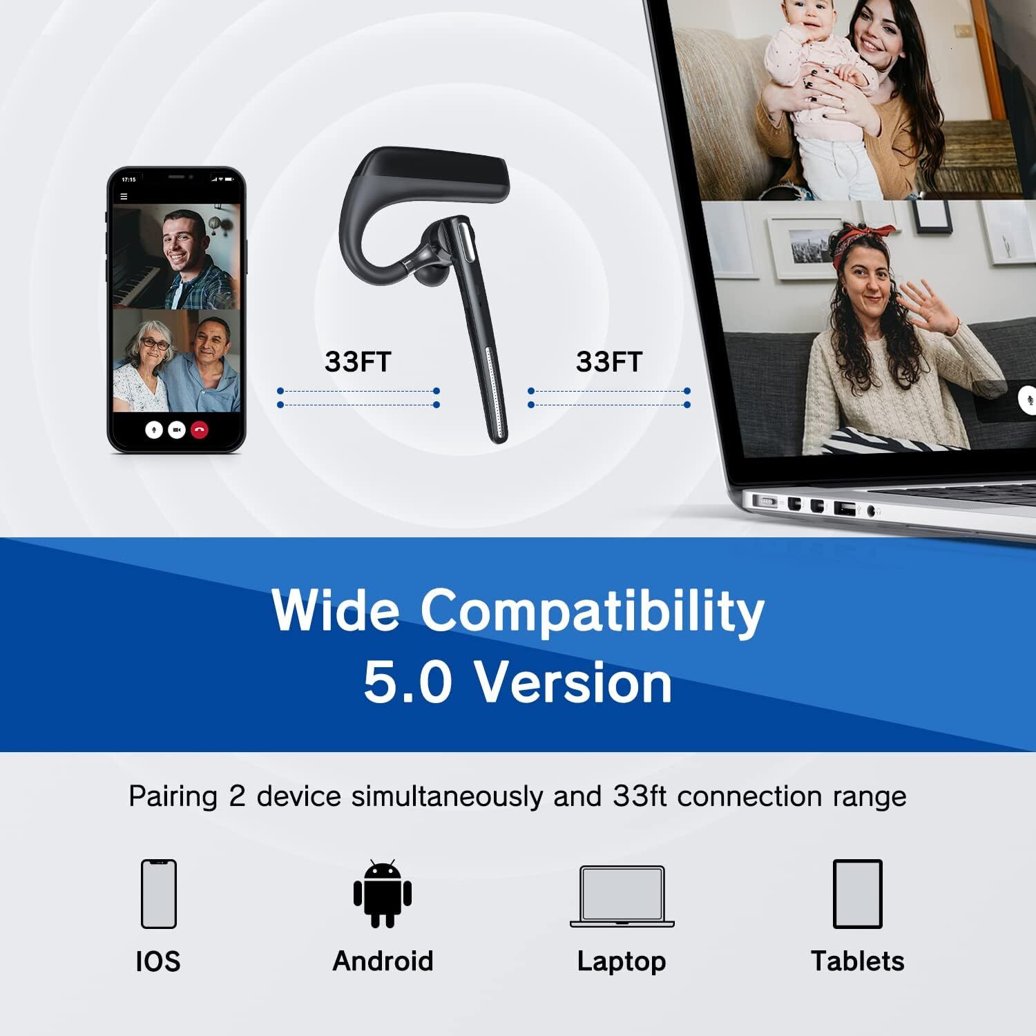 Ngsod Wireless Headphones With Microphone 90 tech73 Days Standby 110 Hours Talktime, Bluetooth Earphones Use Cell Phone VPC Tablet Laptop Computer