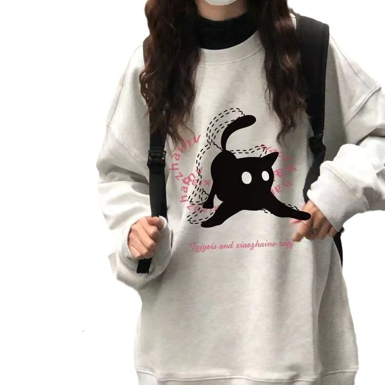 Sweet girl round neck casual plush hoodie women's autumn and winter Korean version loose long sleeved thin top for students to wear externally
