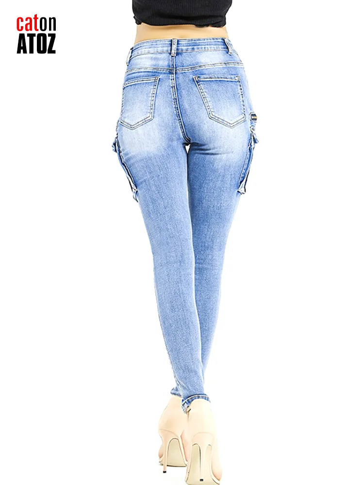 catonATOZ 2237 Women Spring Fashion Cargo Pants Summer Female Zipper Pocket Stretch Slim Jeans Skinny Denim Tousers 240807