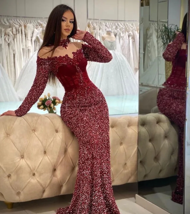 Luxury Aso Ebi Mermaid Long Sleeves Sparkly Beaded Prom Dresses Formal Party Second Reception Birthday Engagement Evening Gowns Dresses Robe De Soiree