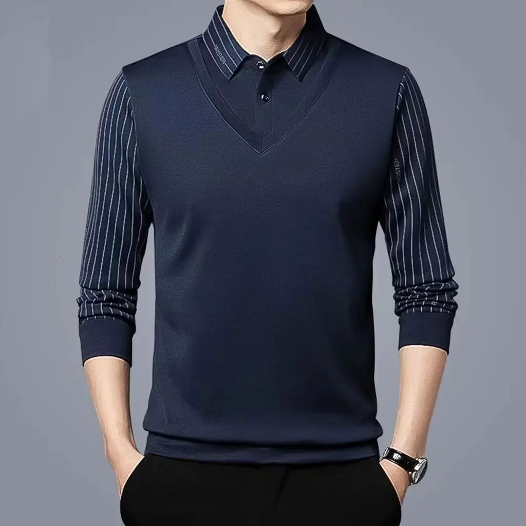 Business Casual Thin Slim Men Polo Shirt Spring Autumn Button Lapel Striped Long Sleeve Fashion Korean Clothing Tops 240814