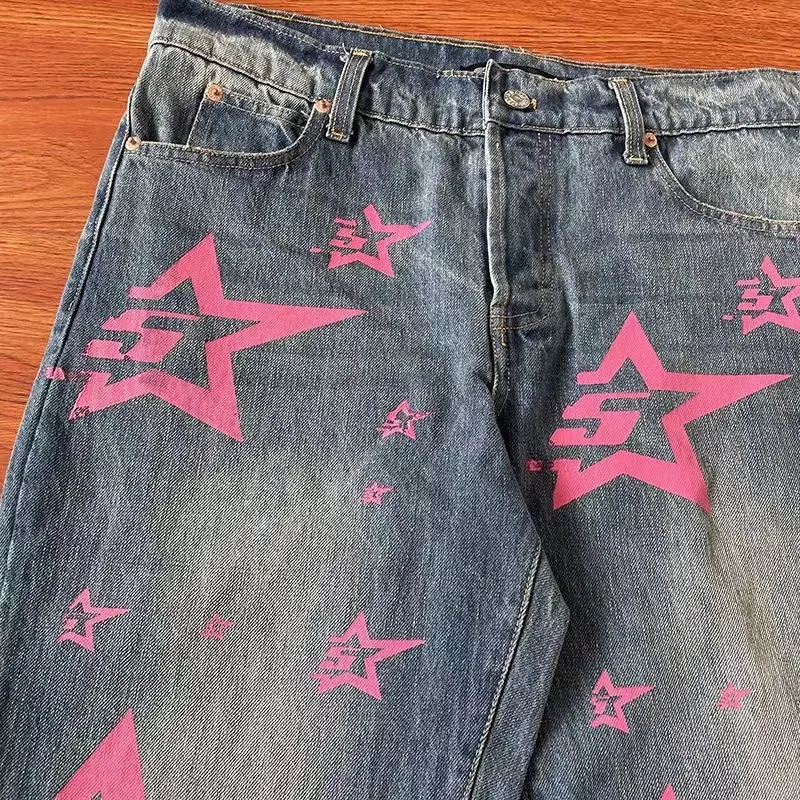 pink letter print jeans slim blue trendy Harajuku style American retro fashion casual couple ins straight pants 240821