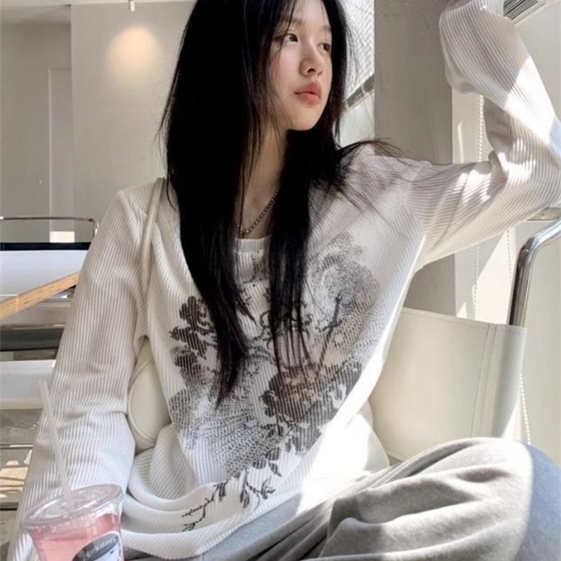 T Shirts Long Sleeve Print Aesthetics Spring Autumn Tops for Women Casual Loose All Match Y2k Harajuku Vintage Clothing 240806