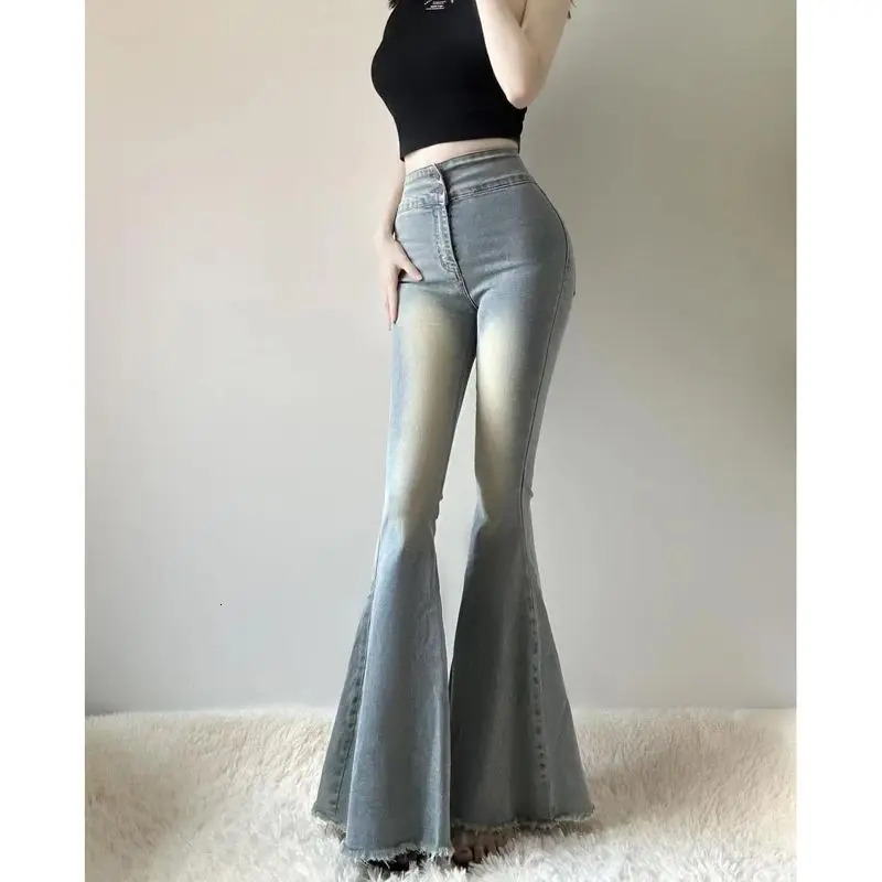 Girl High Waist Tassel Women Fishtail Floor Mopping Jeans Spring Summer Slimming Elasticity Fashion Casual Denim Flare Pants 240807
