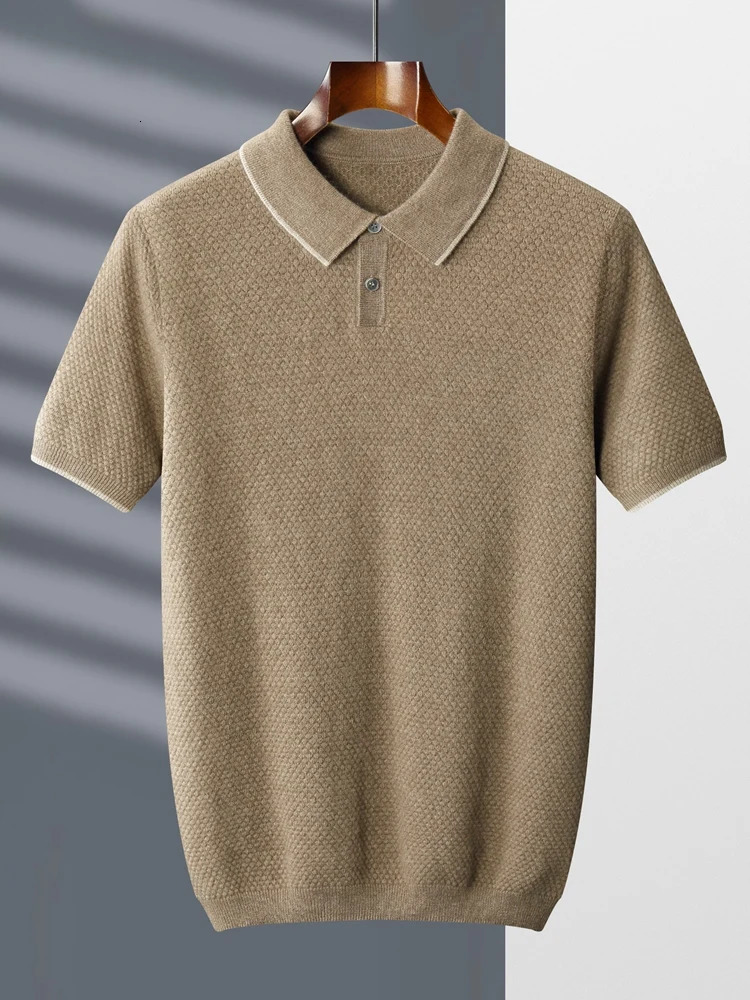 High quality spring and summer 100 pure cashmere mens sweater POLO collar knitted floral youth casual top short sleeved shirt 240807