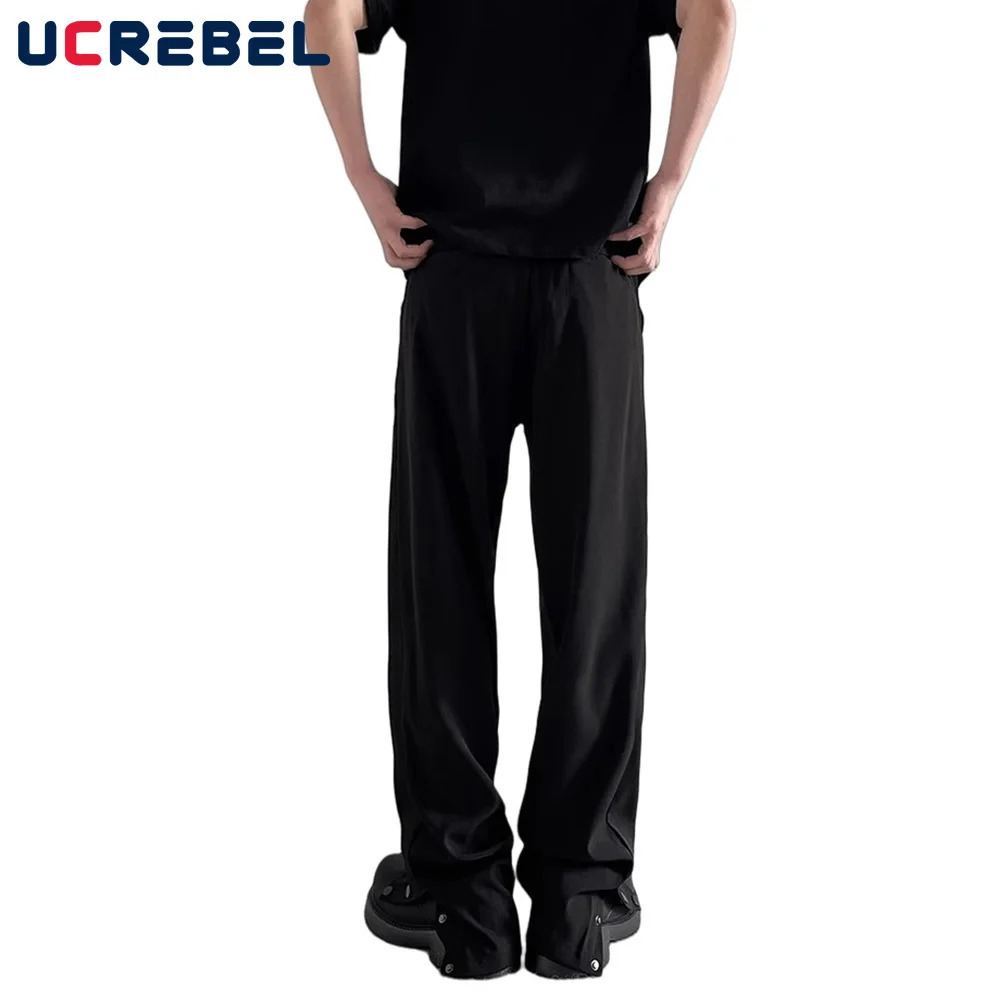 side Breasted Solid Color Suit pants Mens High Street Straight Loose Flare Men Trousers 240806
