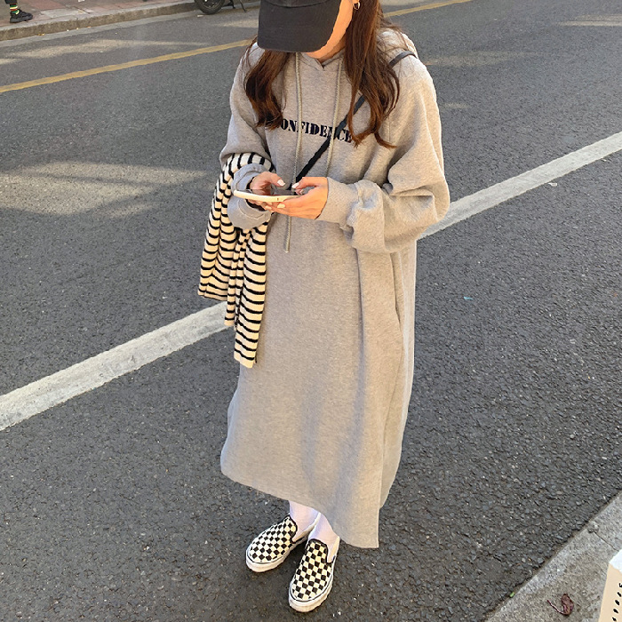 Autumn/Winter New Korean BF Style Split Hem, Loose Slim, Plush and Thick Over Knee Hoodie Long Dress