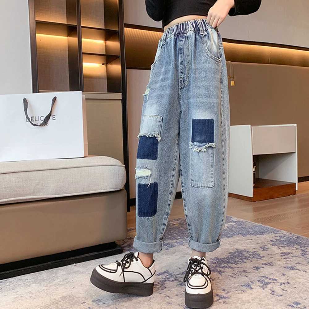 Jeans New Fashion Jeans for Teen Girl Patch Design Jeans Casual Style Kids Denim Harem Pants Spring Autumn Childrens Trousers 4-16Y