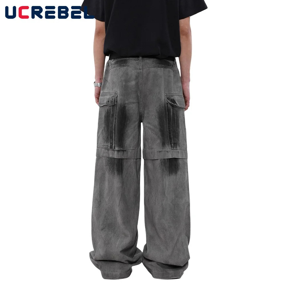 MultiPocket Cargo Trousers Mens Washed Distressed High Street Loose Straight Wide Leg Pants Men 240806