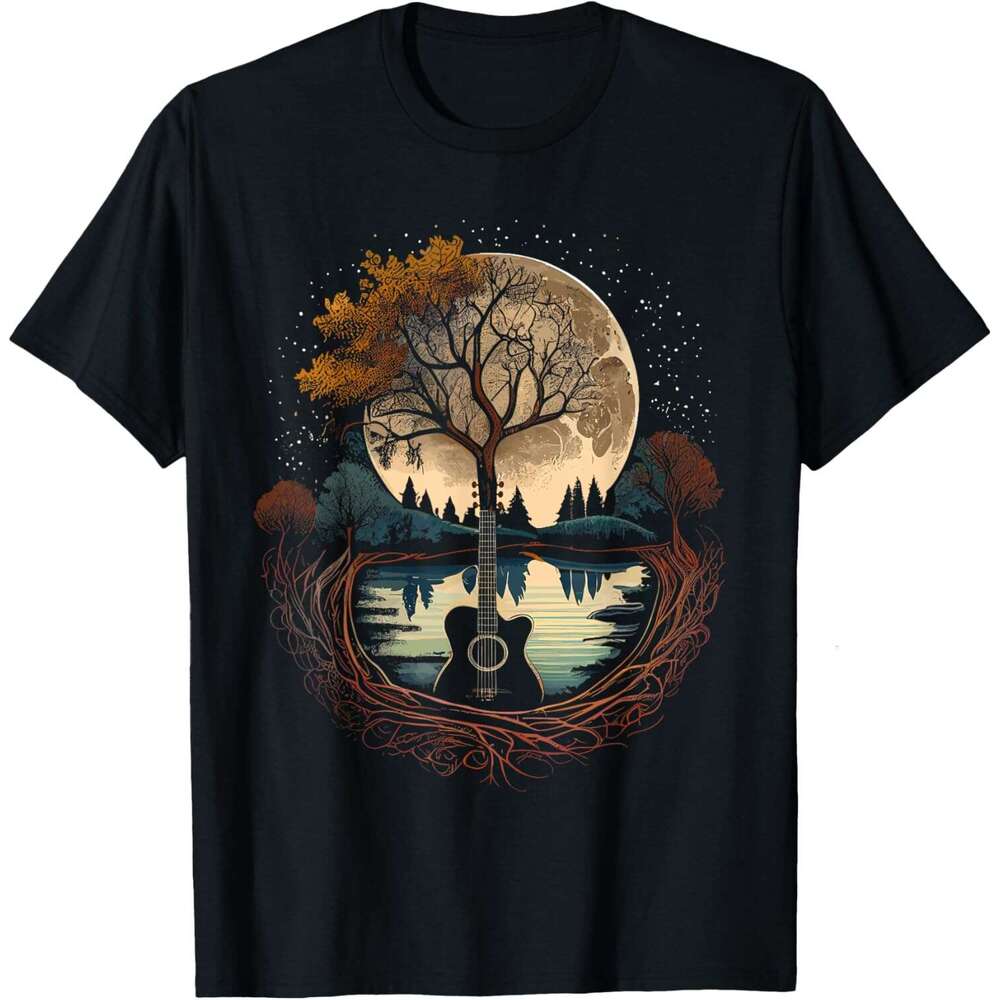 Mens T shirt Acoustic Guitar Tree and Moon By The Lake Guitarist T-Shirt shirts tshirt graphic tee Casual tops summer clothes Short sleeve Free shippi