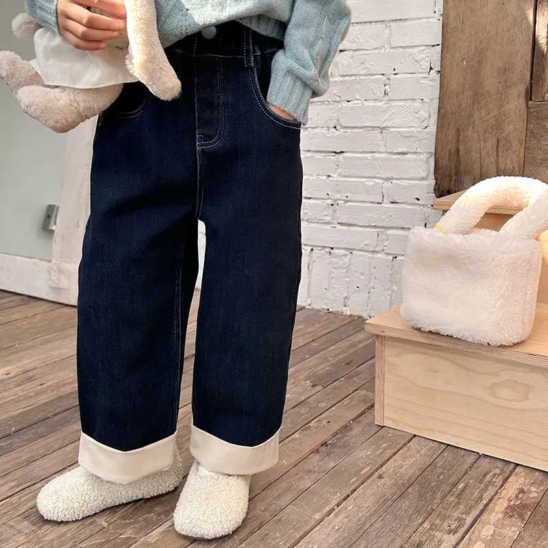 Jeans Winter Girls fashion Cuffed denim pants fleece inner warm thick jeans