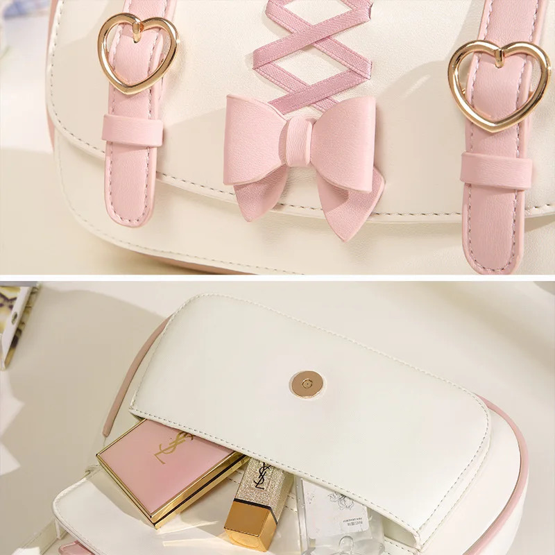 Lolita Shoulder Bags for Women Cute Bow Jk Sweet and Kawaii Lipstick Purses and Handbags All-match Leather Underarm Bag Sac 240805