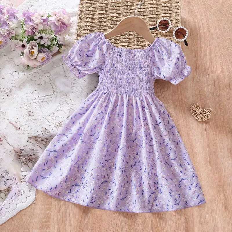 New Sweet Girl Dress Puff Sleeve Printed Princess Party Dress 2024 Summer Flower Dress Childrens Birthday Dress 2-6 Years OldW240720