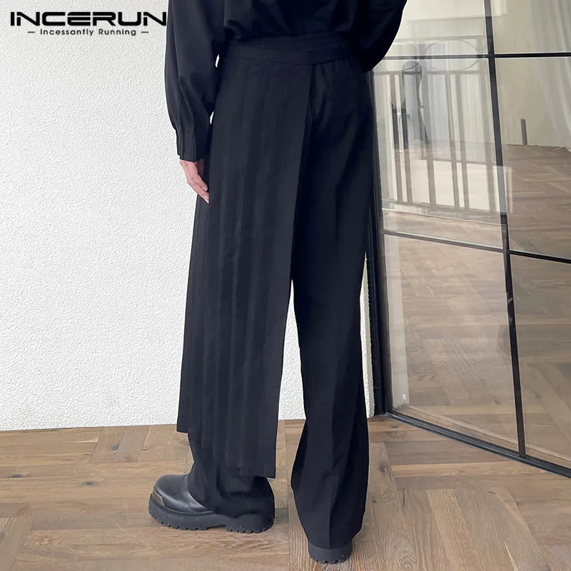 Men Irregular Pants Solid Color Joggers Streetwear Loose Pleated Male Straight Trousers Casual Long S5XL INCERUN 240806