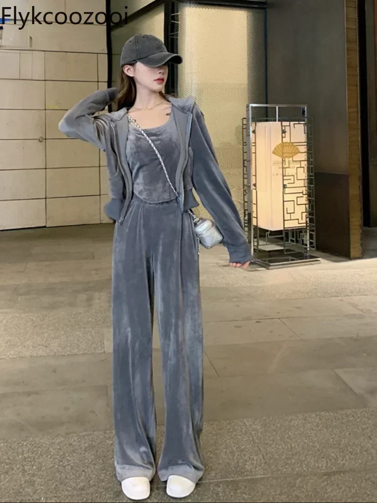 Fashion Velvet Hooded Sweater Tank Top Sports Pants Three Piece Set Women Korean Soft Casual Solid Loose Gray Sweatershirt Suit 240807