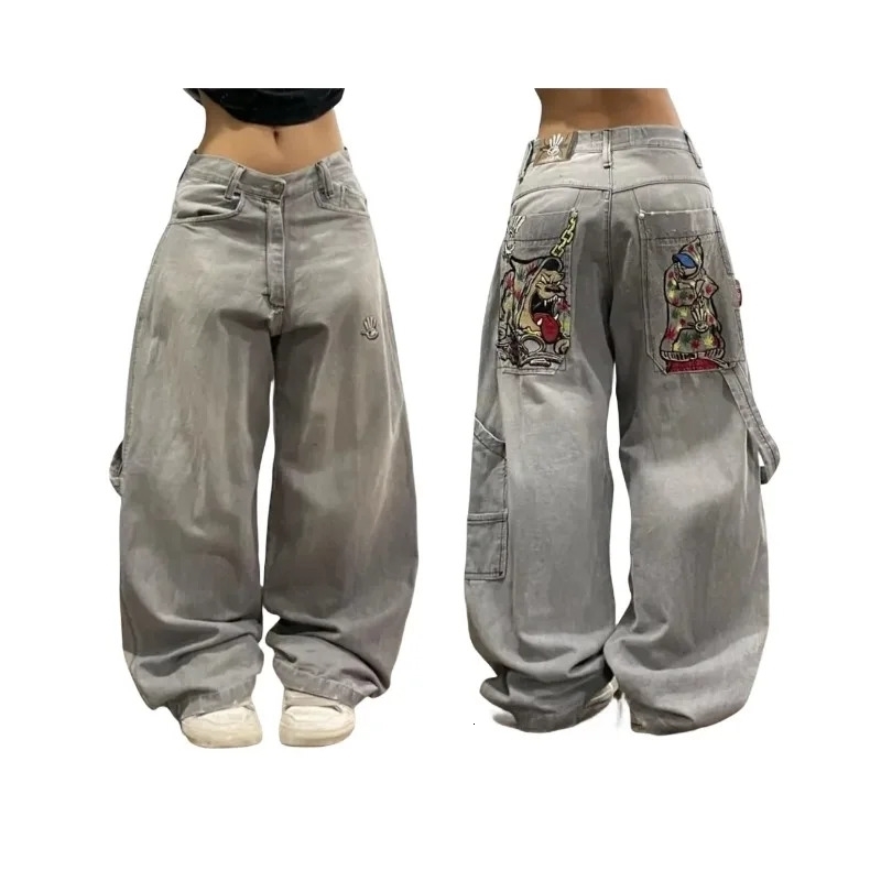 Y2k Fashion Loose Street Casual Jeans Womens Retro Pattern Embroidery High Waist Korean Gothic Denim Trousers Street Wear 240806