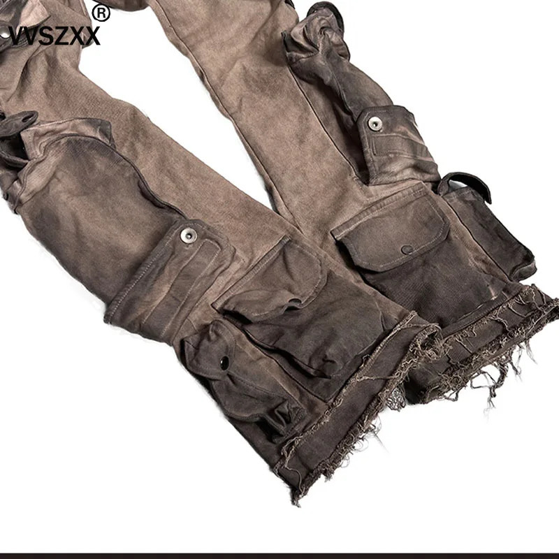 Heavy Industry Waste Soil Washed Multiple Pockets Cargo Pants Men Slim Fit Elastic Casual Trousers for Male 240806