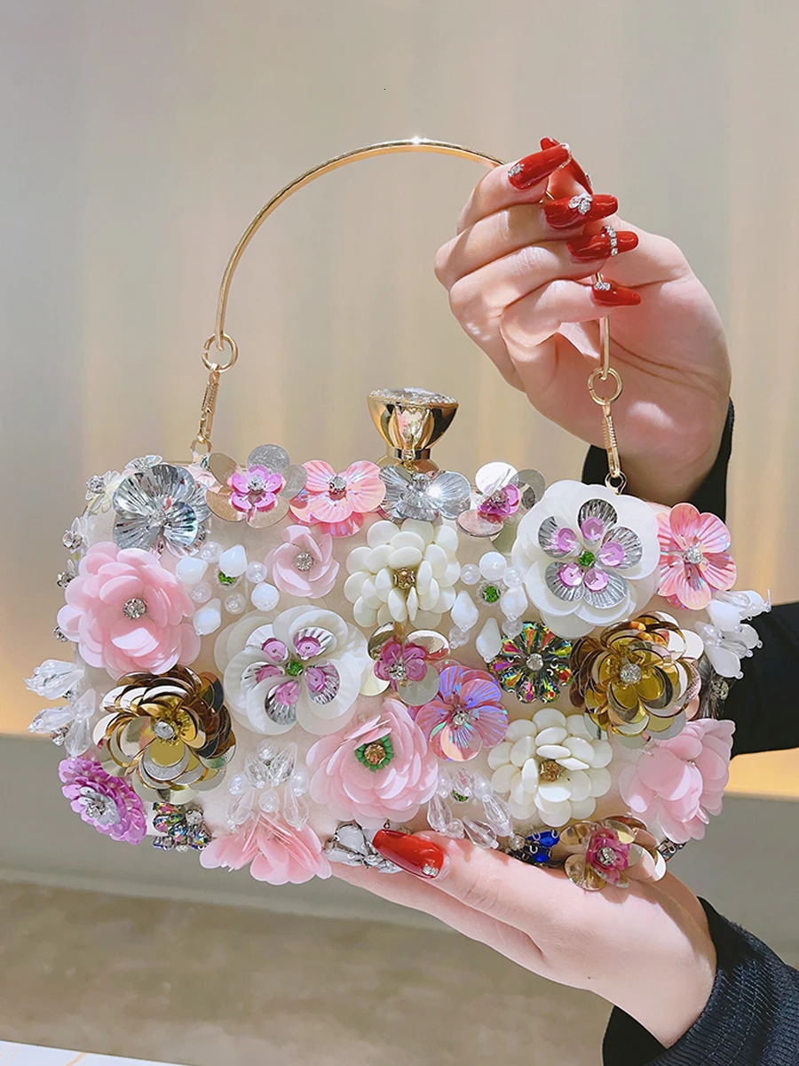3D bead flower evening bag elegant box clutch wallet party dance womens wedding handbag 240806Z