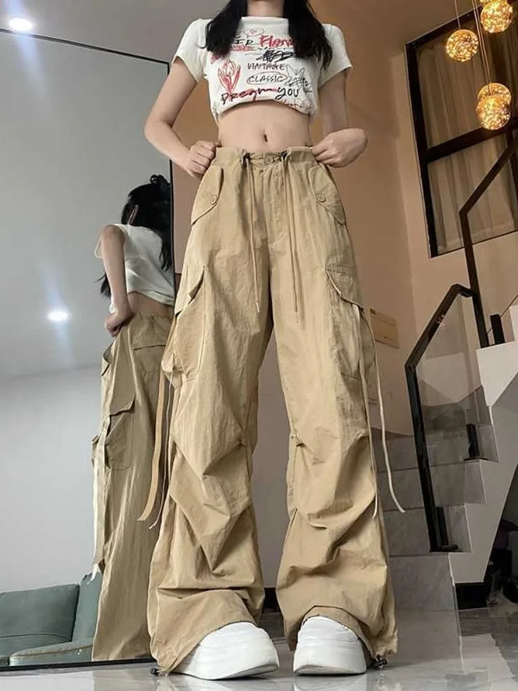 Deeptown Vintage Cargo Women American Retro Fashion Y2k Casual High Street Solid Loose Wide Leg Pants Summer Z260314