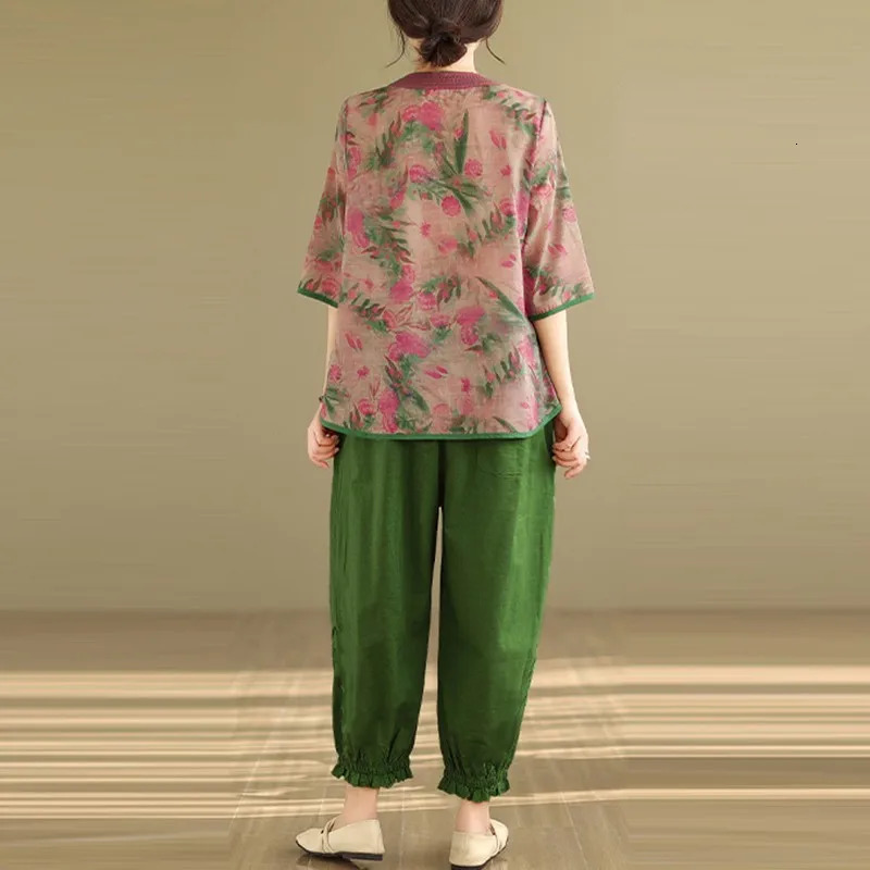 2 Piece Sets Women Casual Pant Suits Arrival Summer Chinese Style Vintage Print Loose Female Tops And Harem Pants B3815 240807