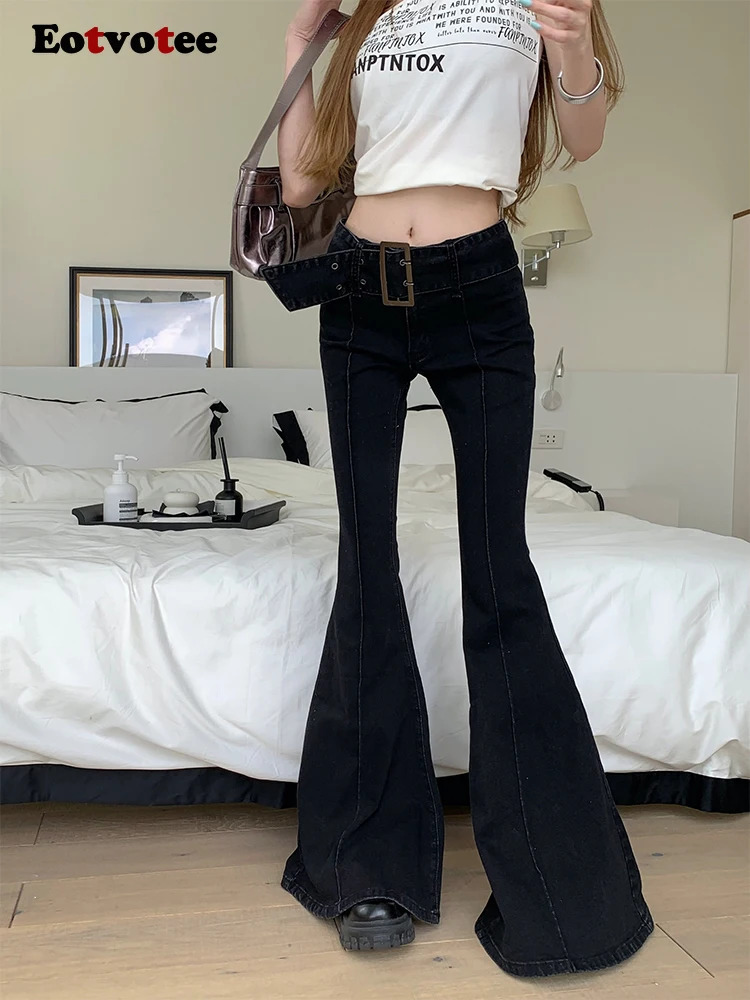 EOTVOTEE Korean Fashion Flare Low Waist Jeans Trousers Pattern Streetwear Casual Button Black Jeans Y2K Full Length 240807