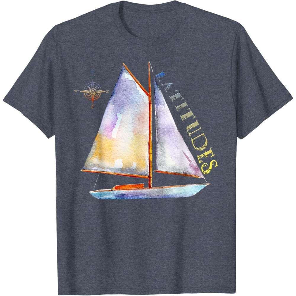 Mens T shirt Watercolor Sailboat with Compass and LATITUDES Sailing T-Shirt shirts tshirt graphic tee Casual tops summer clothes Short sleeve Free shi