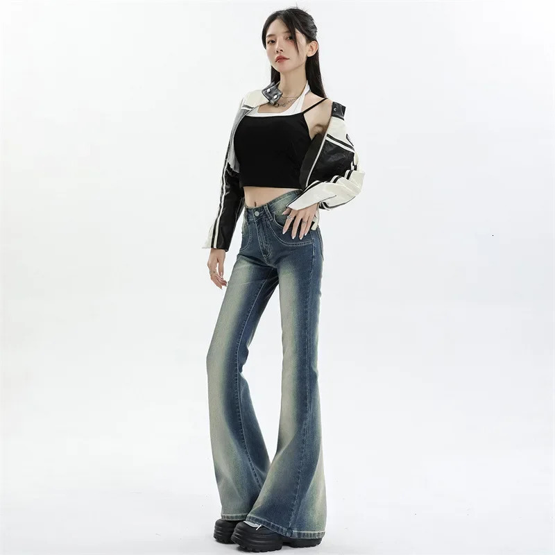 Vintage Gradient Micro Flared Jeans Womens Autumn Style American Street Horse Riding Pants Slimming Bell Bottom Pants 240807