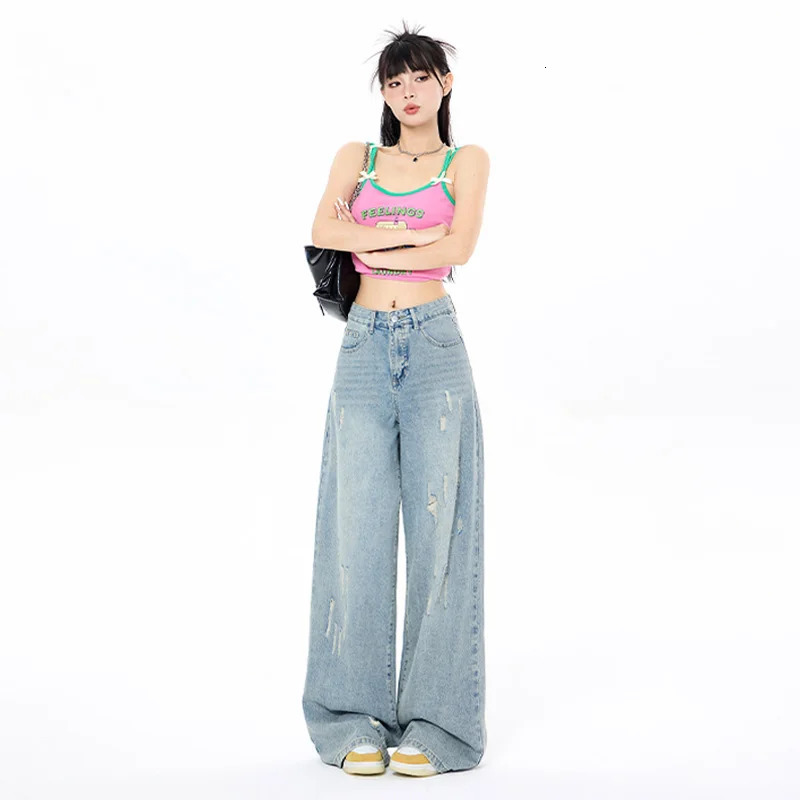 Vintage Washed Wide Leg Jeans For Women High Waisted Straight Leg Denim Pant Spring Summer Loose Pants Streetwear 240807