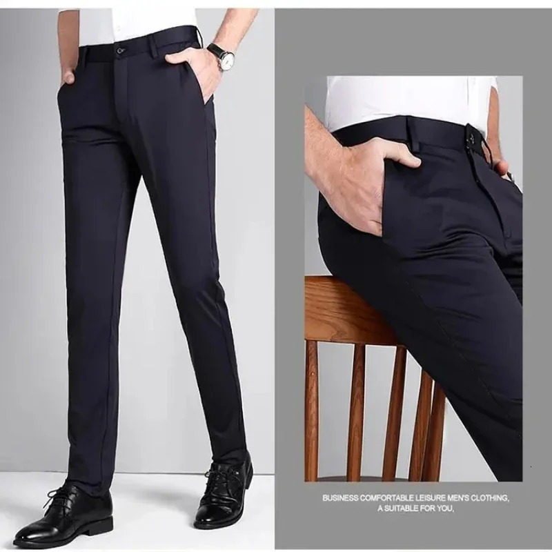 Mens Business Casual Long Pants Comfortable Stylish Ice Silk Thin Trousers Suit High Waist Breathable 240806