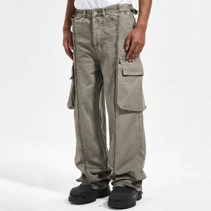 PFNW Functional Style Mens Pants Tassel Wornout Washed Straight Big Pockets Loose Wide Leg Male Cargo Bottom 12C612 240806