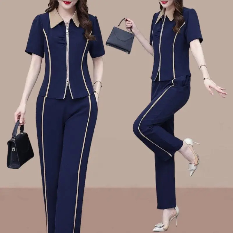 Fashion and Sports Womens Set Korean Edition Loose and Slimming Style Polo Neck Short Sleeve Two Piece Set 240807