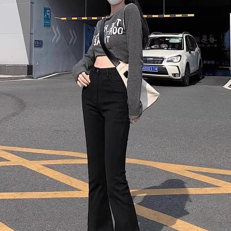 Micro-cropped jeans womens high waist slim high elastic slim everything with retro simple black pants 240807