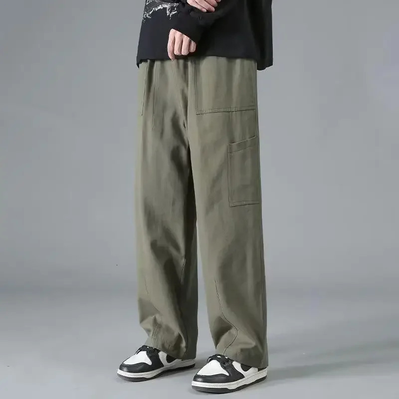 Japanese Style Cotton Cargo Pants For Men Loose Fit Straight Leg American Trendy Casual Wide Spring Autumn 240806