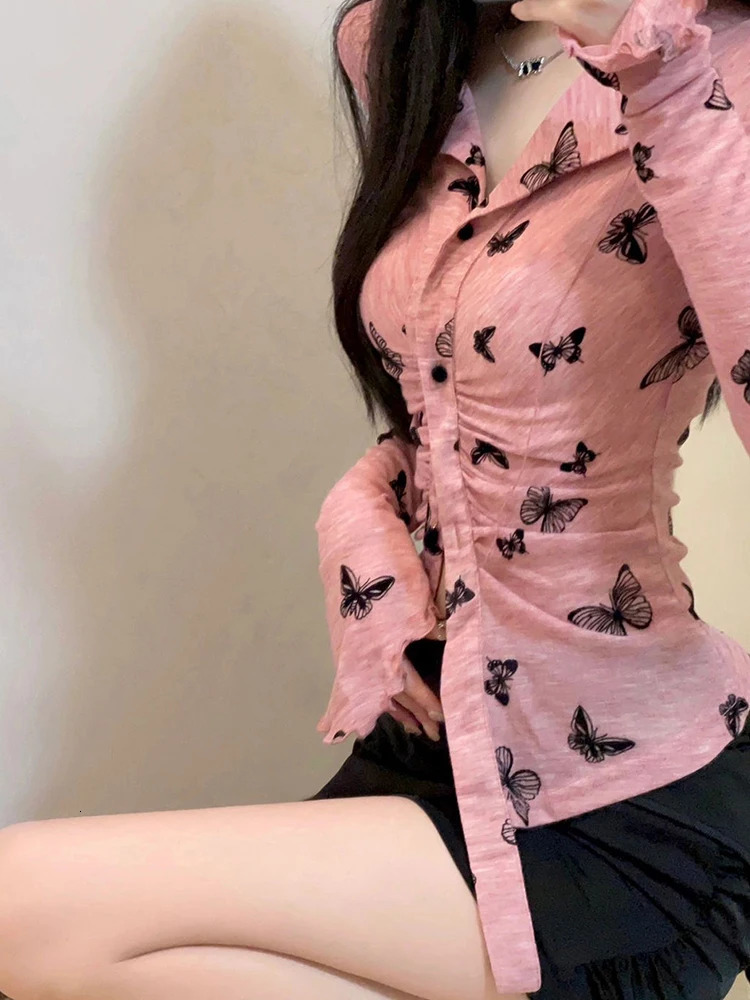 Y2k retro pink shirt womens spring long sleeved V-neck butterfly printed shirt Korean fashion sweet tight irregular crop top 240827