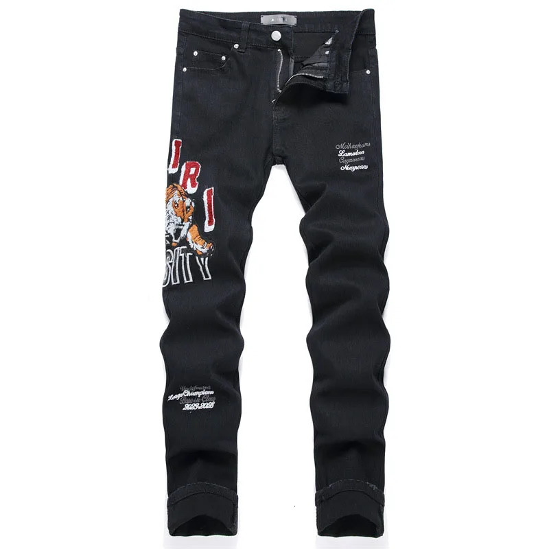 2024 Punk Mens Black and Blue Letter Embroidered Jeans Street Clothing Hole Tear Denim Pants Hip Hop Ultra Thin Hombre Trousers 240806