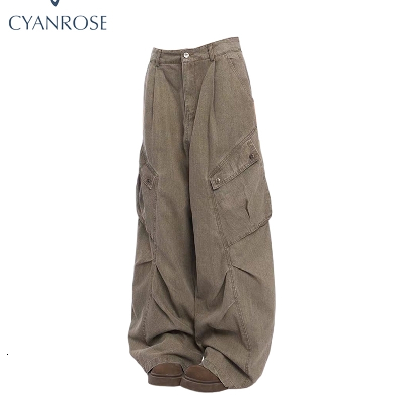 Women Brown Y2k Cargo Jeans Harajuku Aesthetic Japanese 2000s Style Baggy Denim Trousers Vintage Jean Pants Trashy Clothes 240806