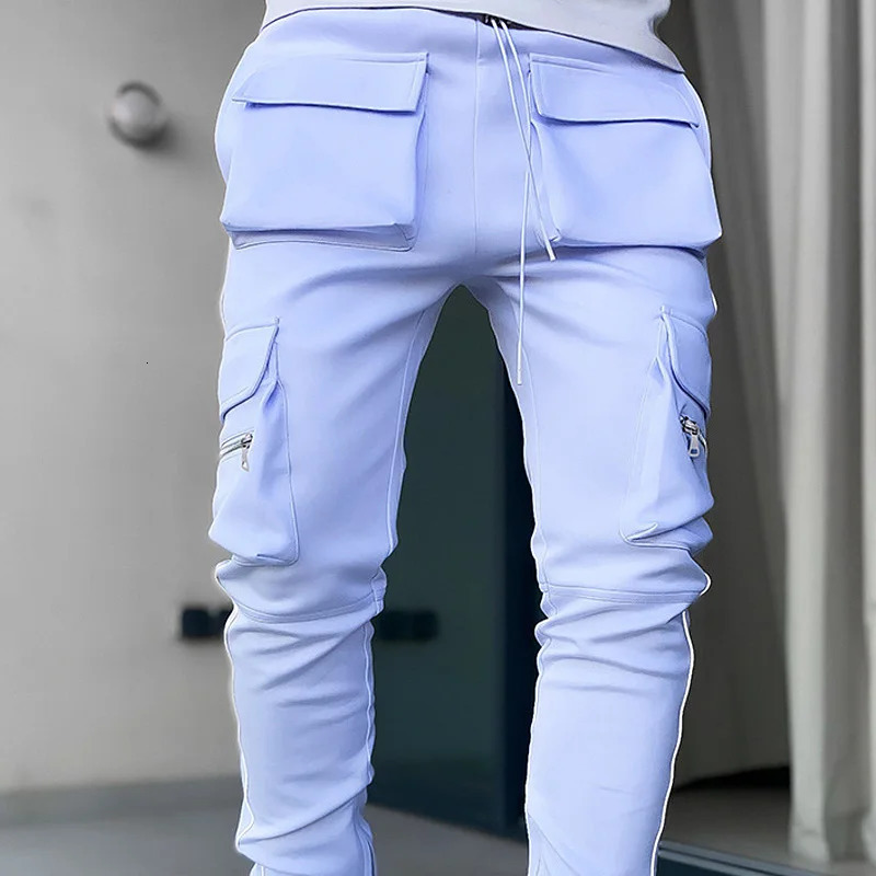 Mens Gym Joggers Cargo Pants MultiPocket Reflect Straight Sports Fitness Casual Clothing Fashion Trousers Sweatpants 240806