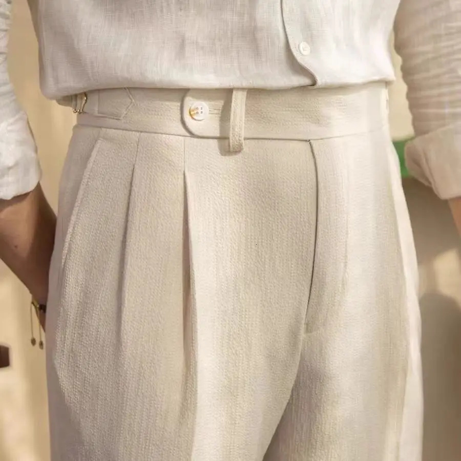 Seersucker Naples Suit Trousers Mens British Stylish Highwaisted Belt Design Straight Pants Summer Slim Business Casual 240806