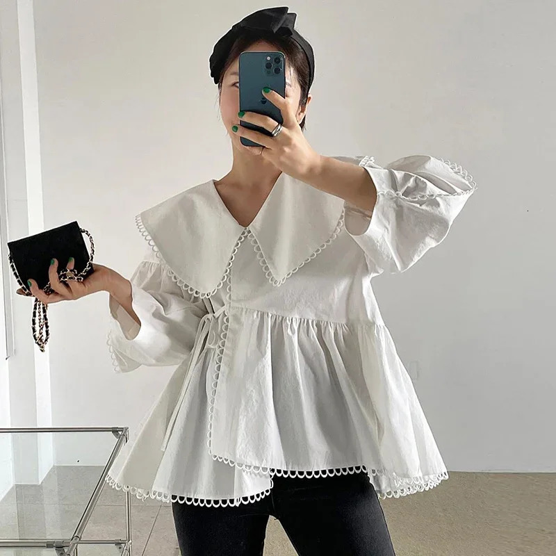 Irregular Lace Up Slim Waist Vintage Blouse Women Korean Style Chic Loose Casual Streetwear Shirts Spring Autumn Blusas 240816