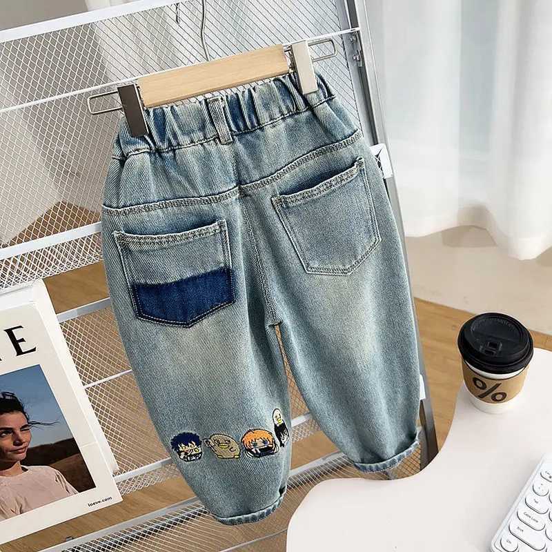 Jeans Childrens Spring Embroidered Pants 2024 New Handsome Boys Versatile Soft Jeans Baby Spring Autumn Korean Edition Pants Trousers