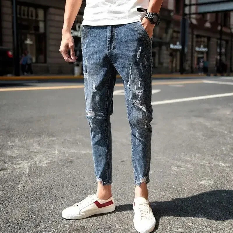 Man Cowboy Pants Skinny Mens Jeans Ripped Trousers Slim Fit Torn Cropped with Holes Tight Pipe Broken Korean Fashion Denim Xs 240806