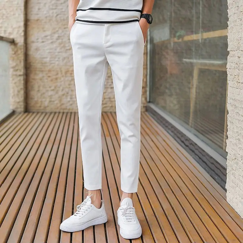Summer Business Suit Pants Men Thin Formal Slim Fit Classic Office Ankle Length Straight Casual Trousers Clothing H85 240806