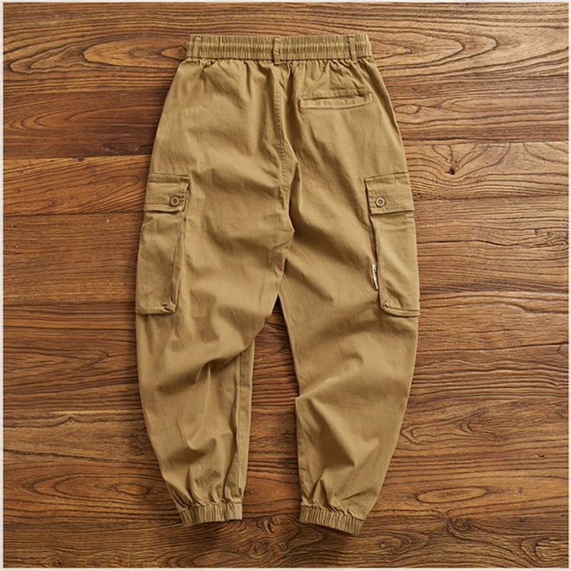 Multipocket work dress foot pants mens casual stretch garment washed to make old loose trend elastic waist Haren 240806