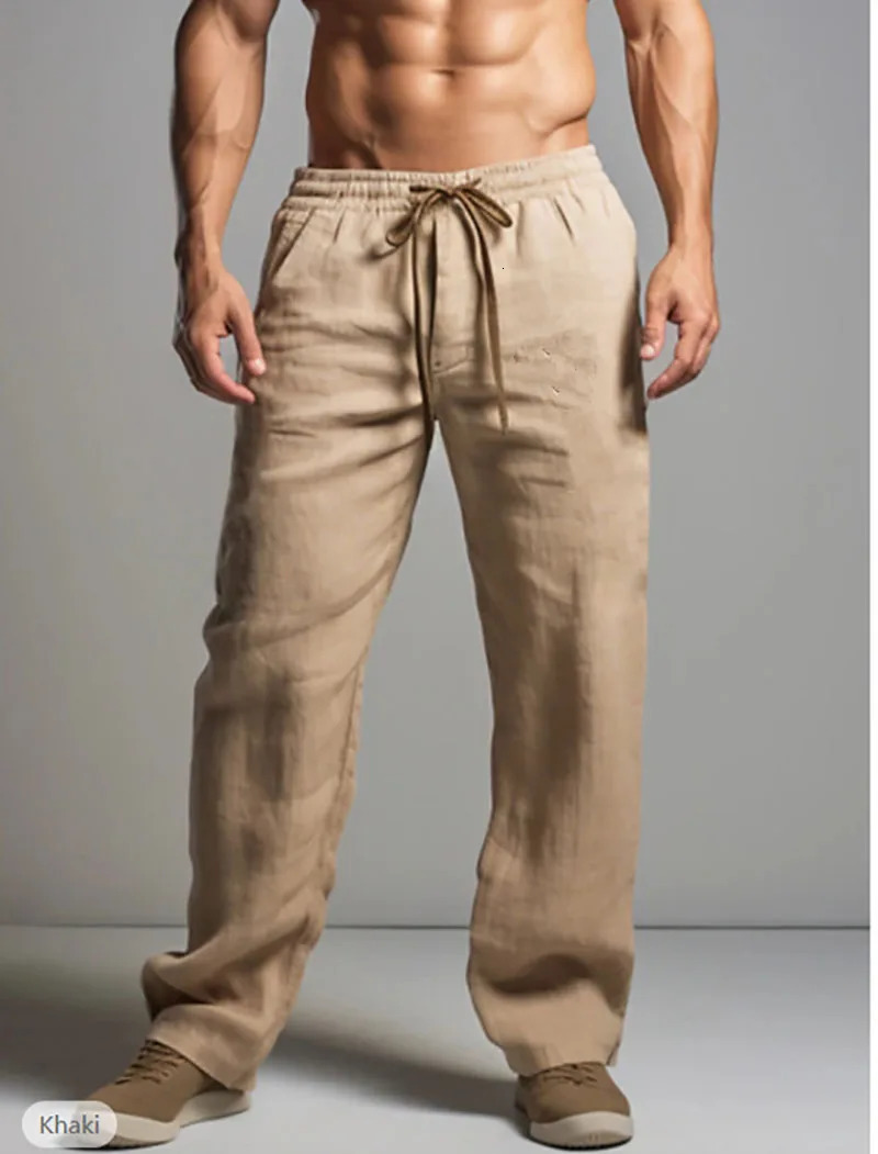 Solid Color Cotton Hemp Pants Drawstring Elastic Waist Straight Leg Breathable Daily Casual Plus Size 240806