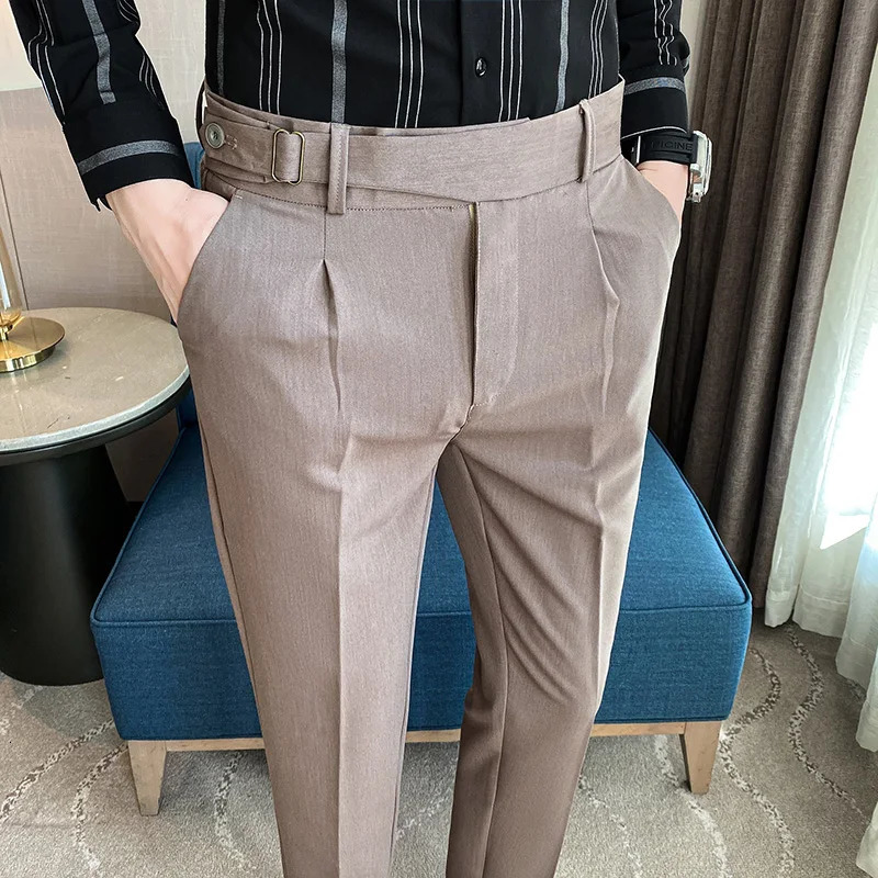 Spring British Fashion Slim Fit Suit Pants Mens Leisure High Quality Belt Design Business Wedding Social 240806