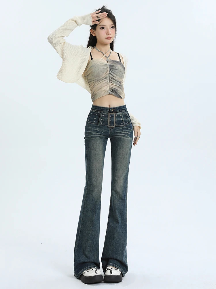 ReddaChic Y2k Belted Womens Flare Jeans Grayu Slim Fit High Waist Denim Bell Bottoms Bootcut Pants Korean 90s Retro Streetwear 240807