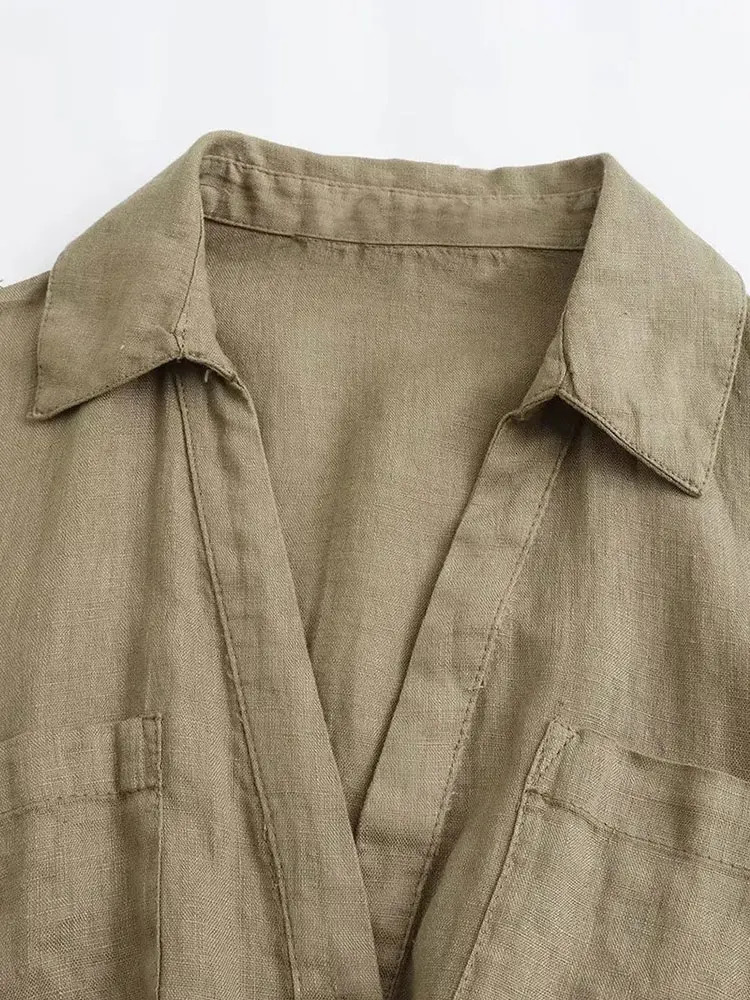 Nlzgmsj TRAF Khaki Shirt Midi Dress Woman Belt Button Long Dress Women Office Dresses for Women Turn Up Sleeve Casual Dress 240807