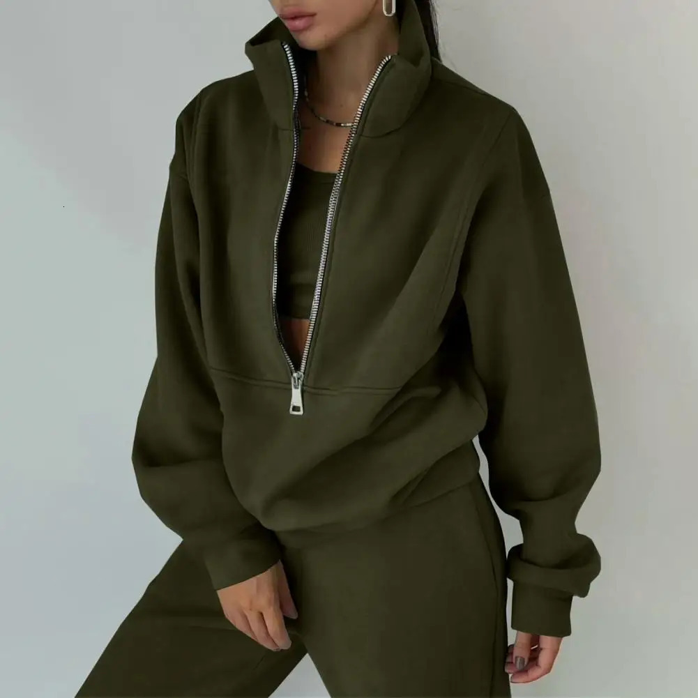 Solid Color Sports Suit Cozy Fall Winter Sweatshirt Pants Set Stylish Stand Collar Loose Fit Elastic Waist Trousers for Comfort 240807