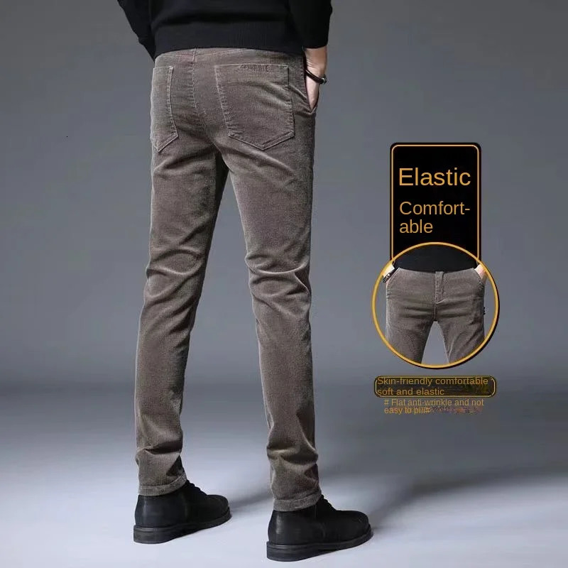 Corduroy Autumn Winter Mens Stretch Casual Slim Straight Velvet Thicken Trousers Fashionable Youth Army Green Pants 240806